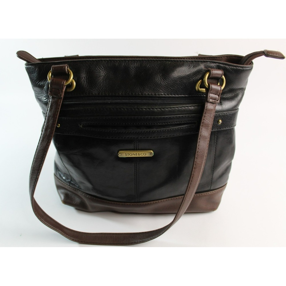 STONE & CO BLACK LEATHER SHOULDER HANDBAG MULTIPLE ZIPPER POCKETS